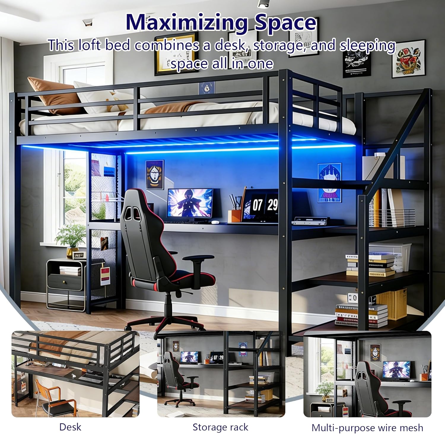 Bellemave Twin XL Loft Bed with Desk & Storage Stairs, Metal Twin XL Loft Bed Frame with Iron Nets, LED Lights & USB Ports, Heavy Duty Adult Loft Beds for Kids, Teens, Adults, Noise-Free, Black