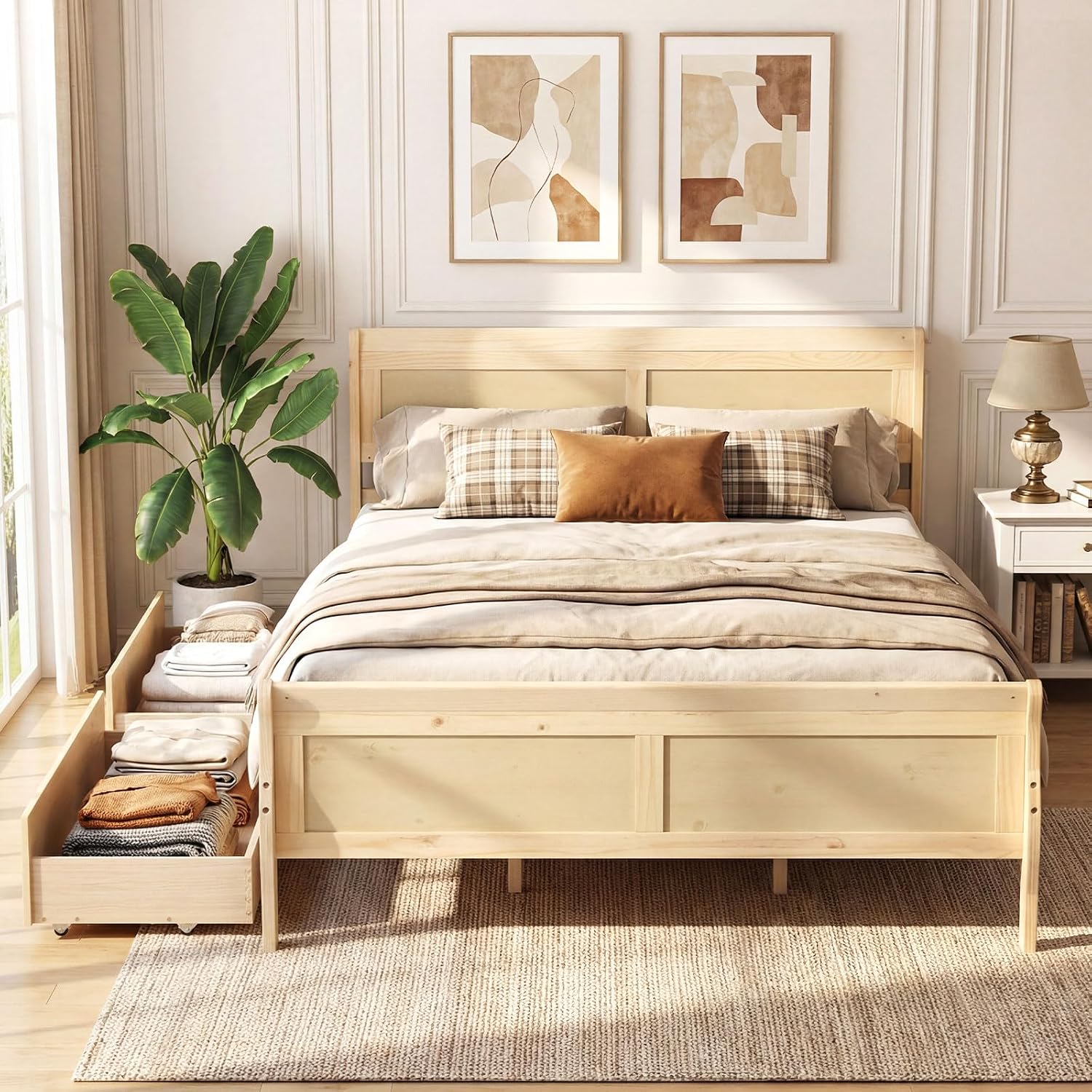 Giantex Queen Bed Frame with 2 Storage Drawers, Wood Platform Bed w/Headboard & Footboard, Wooden Slats Support Mattress Foundation, Sleigh Bedframe for Teens Adults, No Box Spring Needed (Natural)