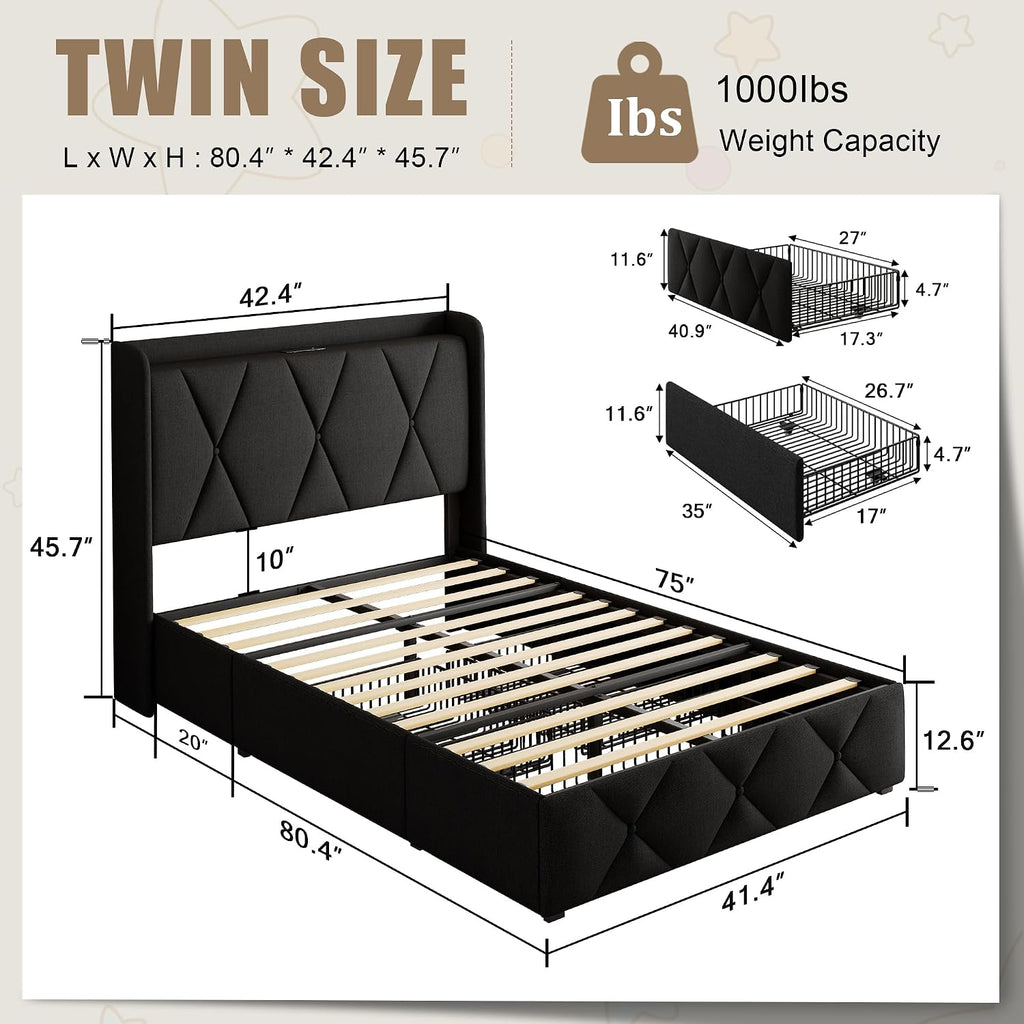 Einhomn Twin Bed Frame with 3 Storage Drawers, Upholstered Bed Frame with Charging Station and Storage Headboard, No Box Spring Needed, Easy Assembly, Black