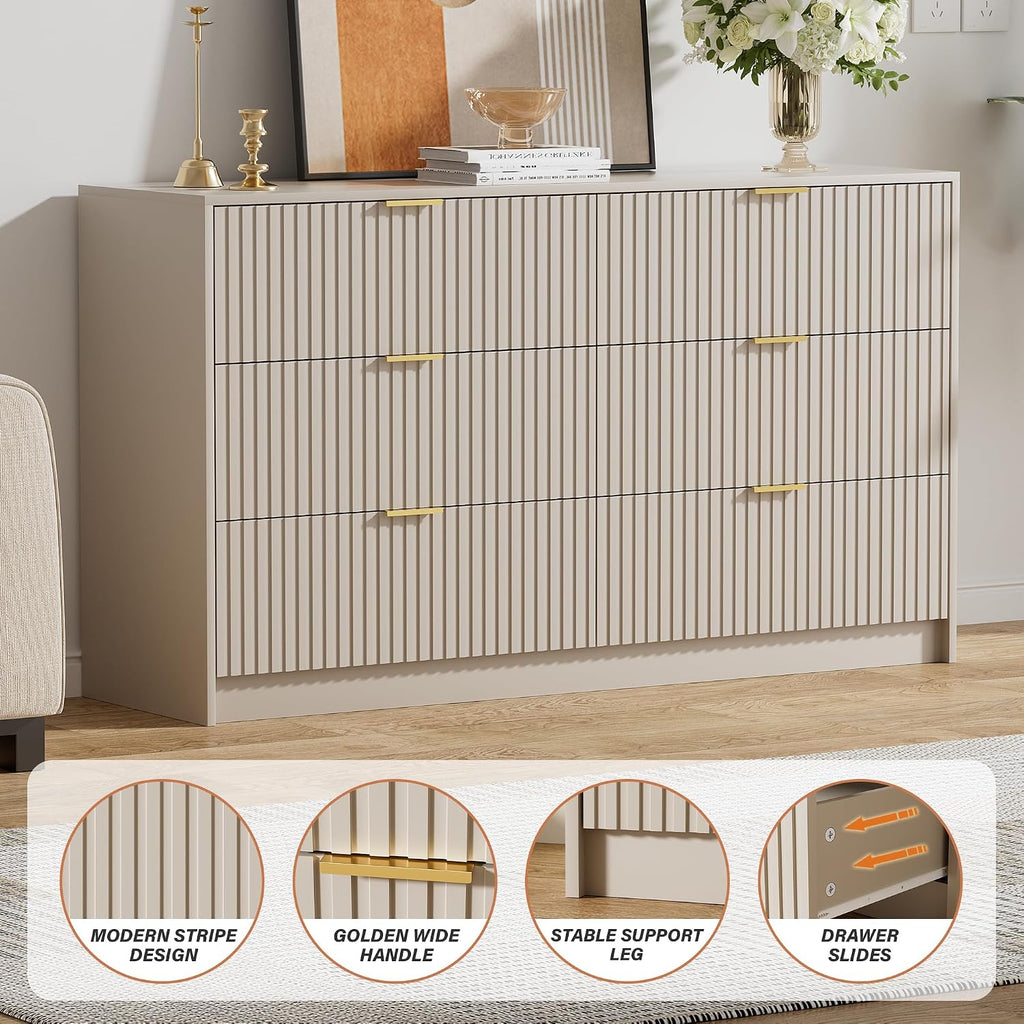 Furniway Beige Dresser Bedroom Set 3 Pieces, Nightstands Sets of 2, 6 Drawer Dresser with Gold Handles for Bedroom