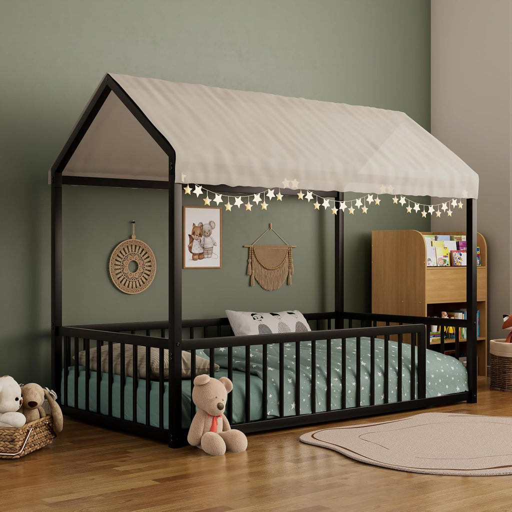 House Shape Twin Size Montessori House Bed Metal Floor Bed Twin Bedframe No Box Spring Needed, Black