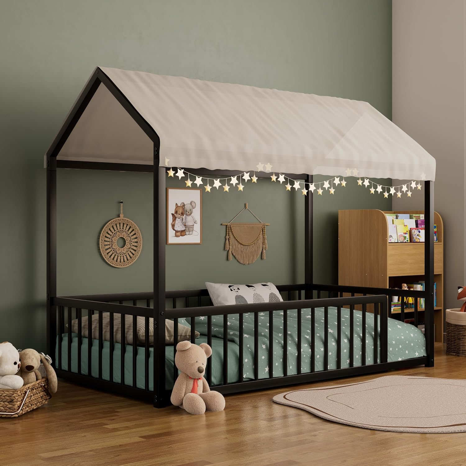House Shape Twin Size Montessori House Bed Metal Floor Bed Twin Bedframe No Box Spring Needed, Black