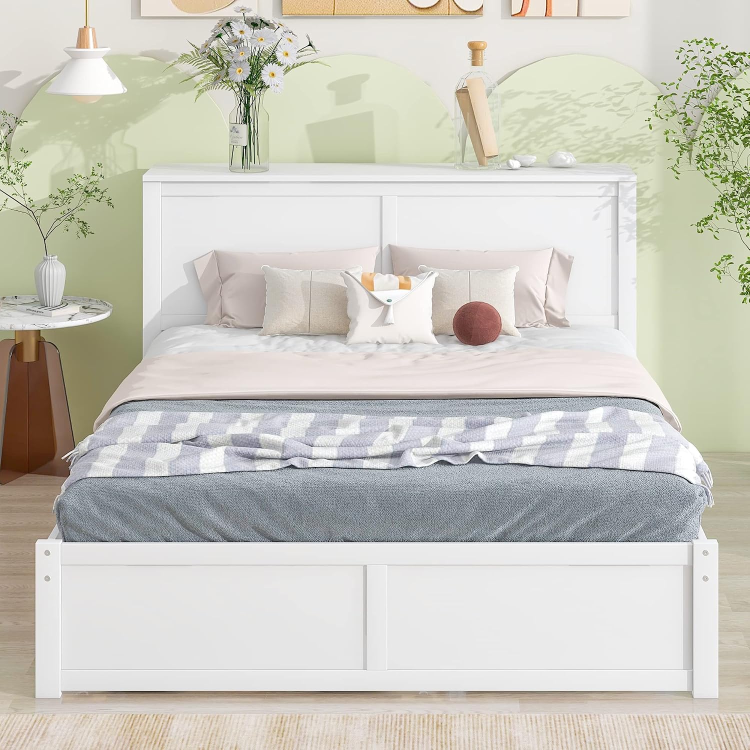 SOFTSEA Queen Bed Frame with Trundle Wood Platform Bed Frame with Pull Out Shevles for Bedroom