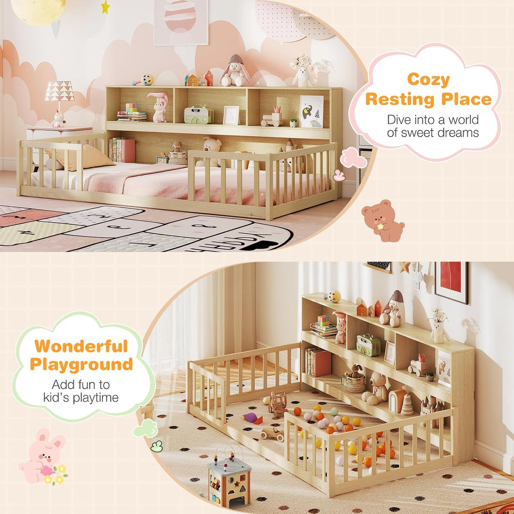 Giantex Twin Floor Bed for Kids, Wooden Montessori Bed Frame with Bookcase, Storage Shelves & Safety Fence Rails, Floor Beds Twin for Girls, Boys, No Box Spring Needed, Without Slats, Natural