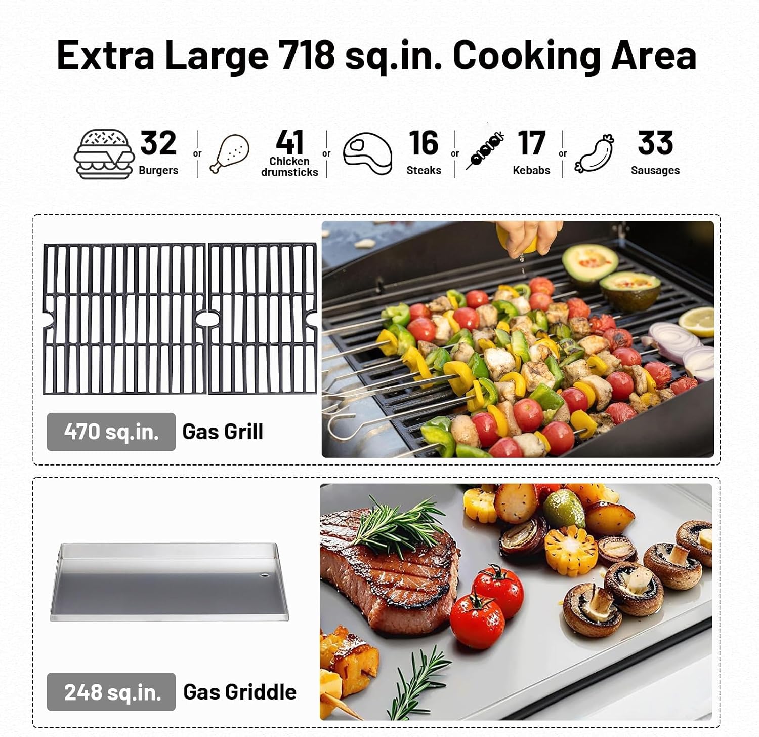 2-in-1 Propane Griddle Grill Combo 38200 BTU, 4-Burner Propane Gas Grill with 2 Foldable Side Tables for Outdoor Cooking Camping Patio Backyard (Grill + Griddle)