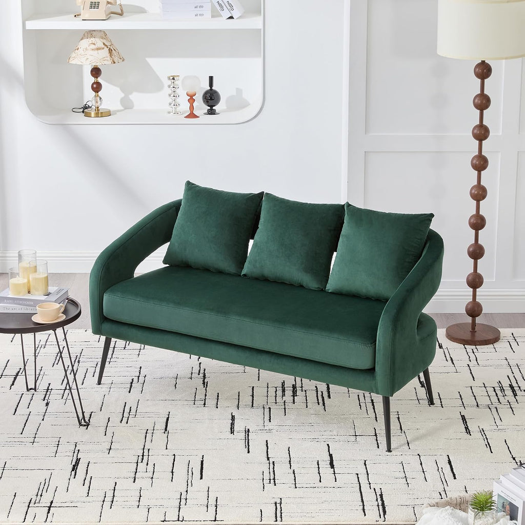 53.7' Modern Velvet Loveseat Sofa with 3 Pillow,Small Comfortable 2 Seat Sofa with Metal Legs, Small Couch for Living Room,Bedroom,Office,Reception,Green
