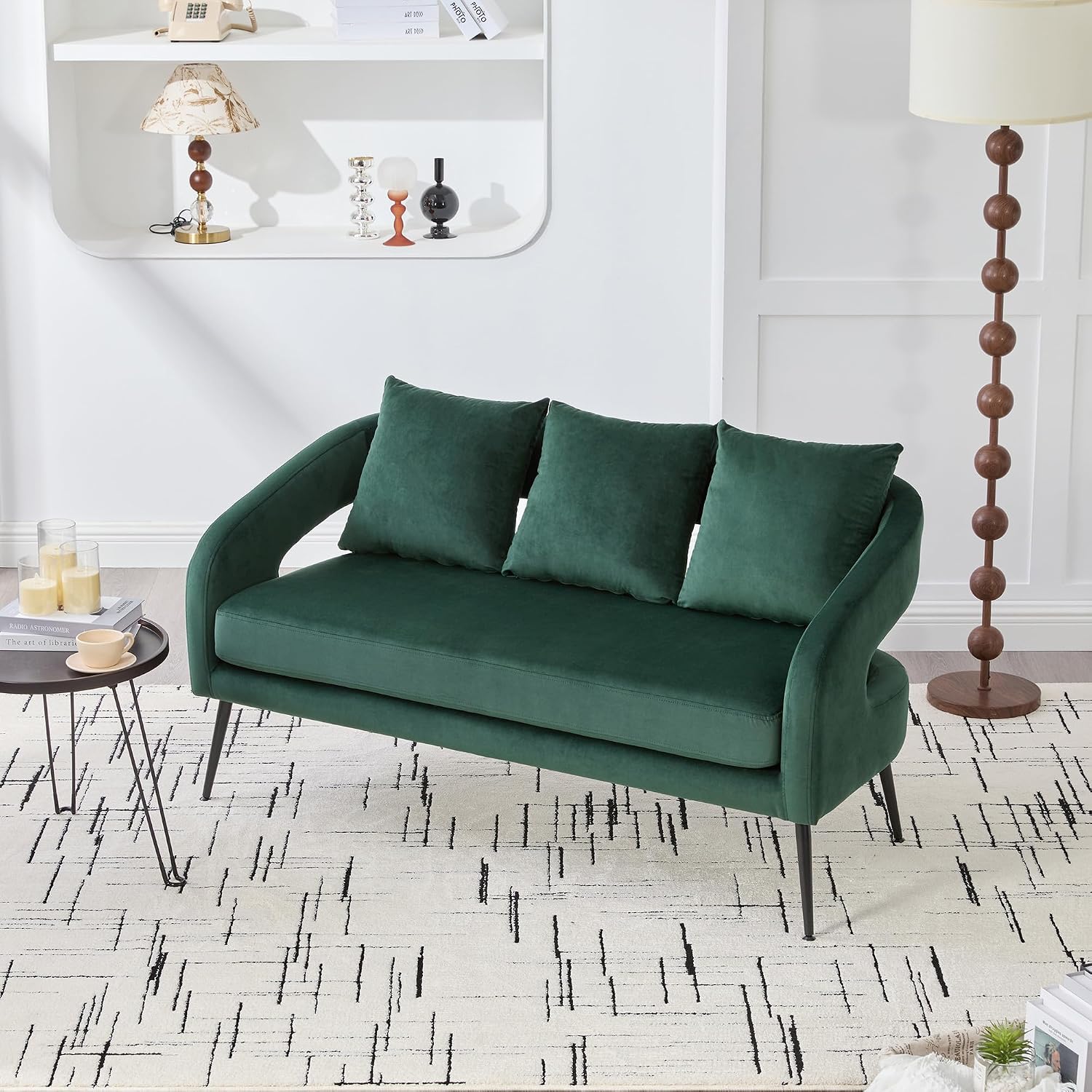 53.7' Modern Velvet Loveseat Sofa with 3 Pillow,Small Comfortable 2 Seat Sofa with Metal Legs, Small Couch for Living Room,Bedroom,Office,Reception,Green