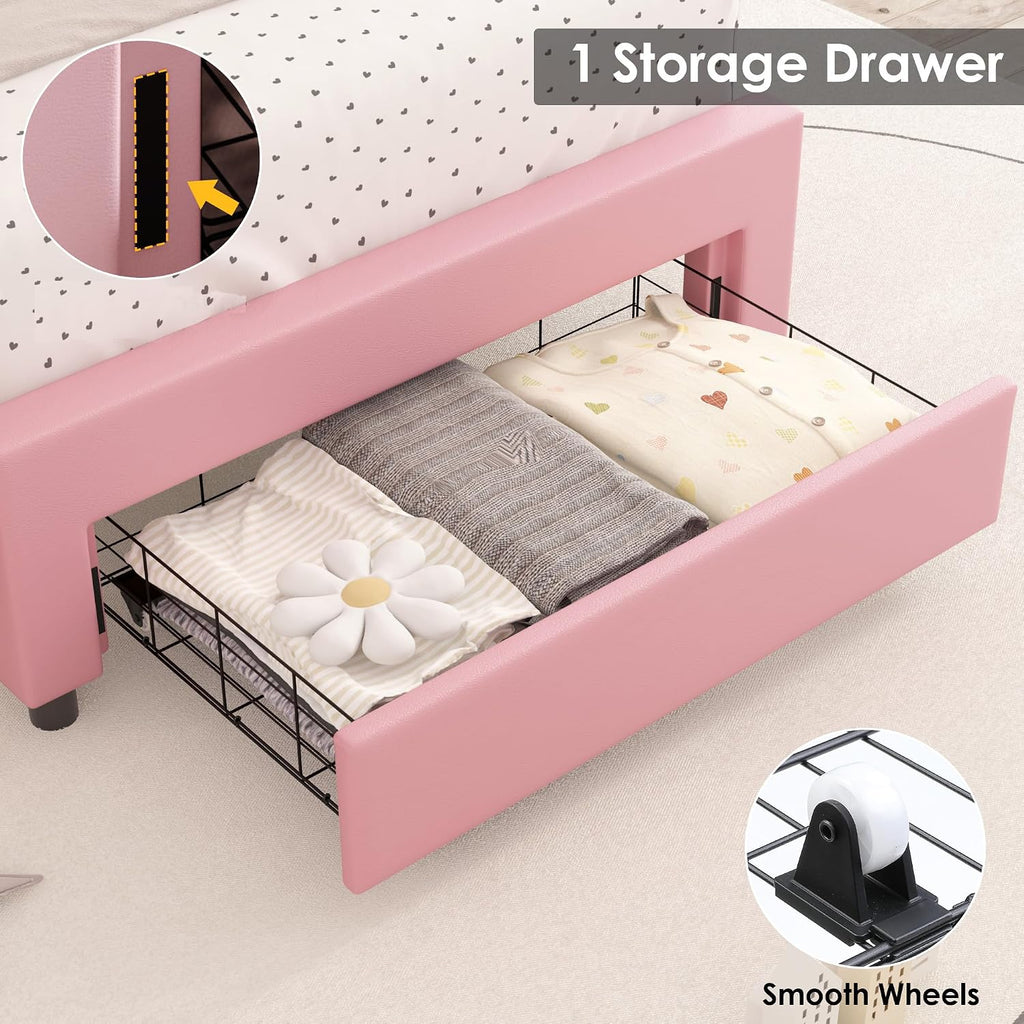 Keyluv Twin Upholstered LED Bed Frame with Storage Drawer, Leather Princess Platform Bed with Adjustable Crystal Button Tufted Crown Headboard, Solid Wooden Slats Support, No Box Spring Needed, Pink