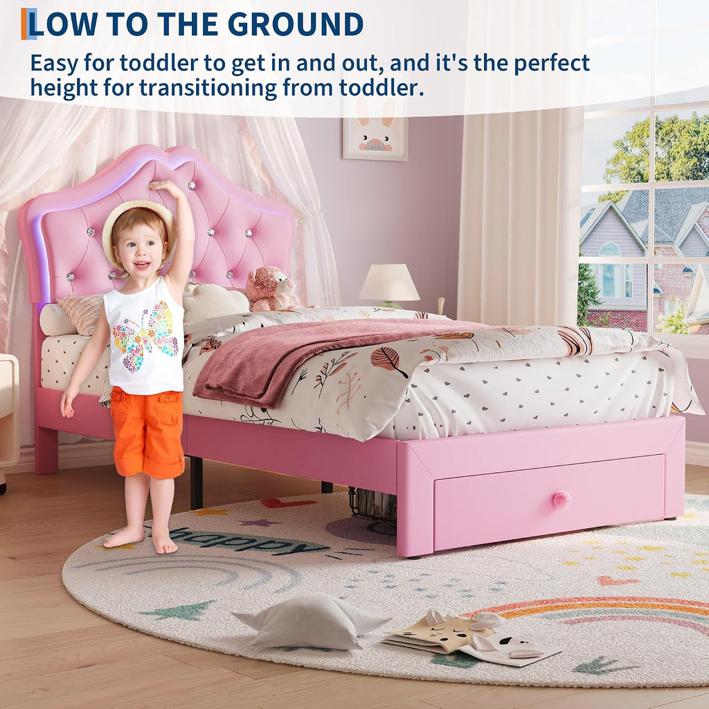Garvee Twin Size Bed Frame with LED Lights & Velvet Crystal Button Headboard, Upholstered Princess/Girl Platform Bed with Storage Drawer, Noise Free, No Box Spring Needed for Kids, Teens, Pink