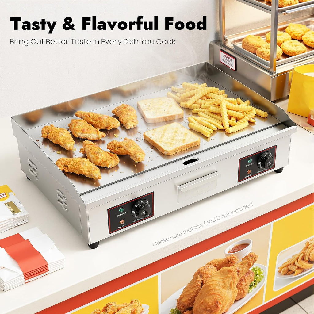 Commercial Electric Griddle, 3000W Countertop Flat Top Grill, 28.7 * 15.7in Hot Plate & 122°F-572°F Adjustable Temp Control, Stainless Steel Teppanyaki Grill for Snack Store Canteen Chain Stores Etc