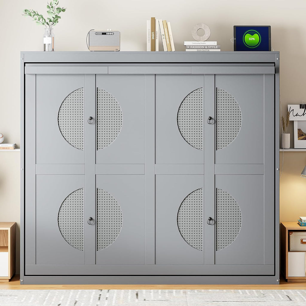 Harper & Bright Designs Full Size Murphy Bed, Wooden Full Murphy Wall Bed Frame with a Set of Sockets & USB Ports, Gray