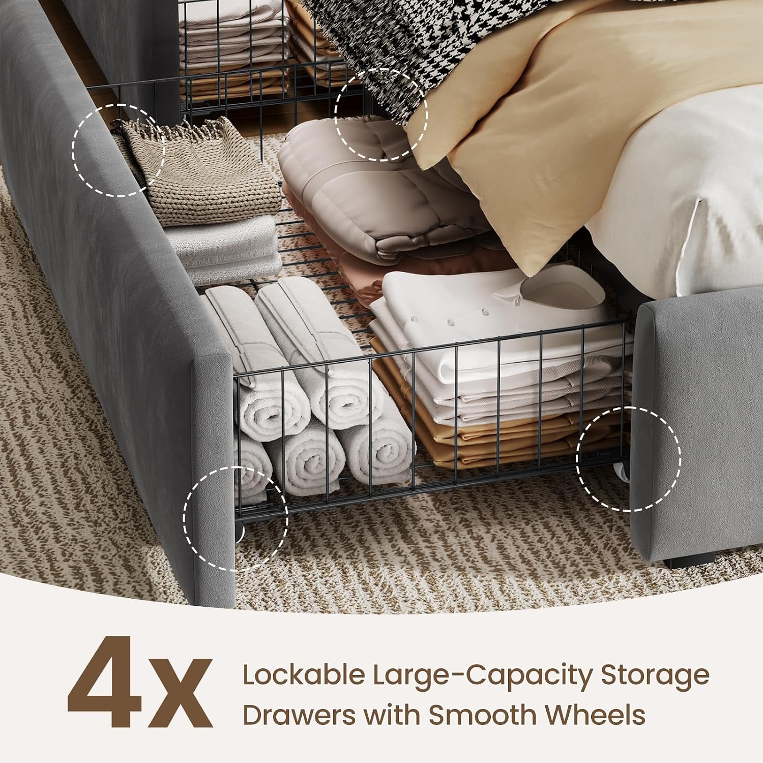 CypBed Queen Size Bed Frame with 4 Storage Drawers & LED Lights, Velvet Upholstered Platform Bed Frame with Charing Station and Adjustable Headboard, Wood Slats Support, No Box Spring Needed, Grey