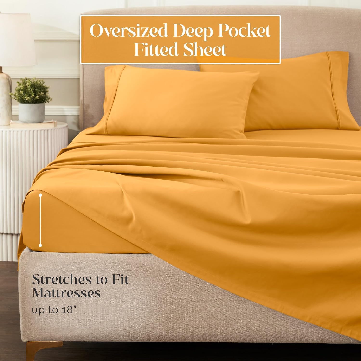 Superior 1200 Thread Count Egyptian Cotton Sheet Set, Bedroom Sheets, Modern Home Essentials, Luxury Bedding, 1 Elastic Deep Pocket Fitted Bed Sheet, 1 Flat Sheet, 2 Pillowcases, King, Dijon