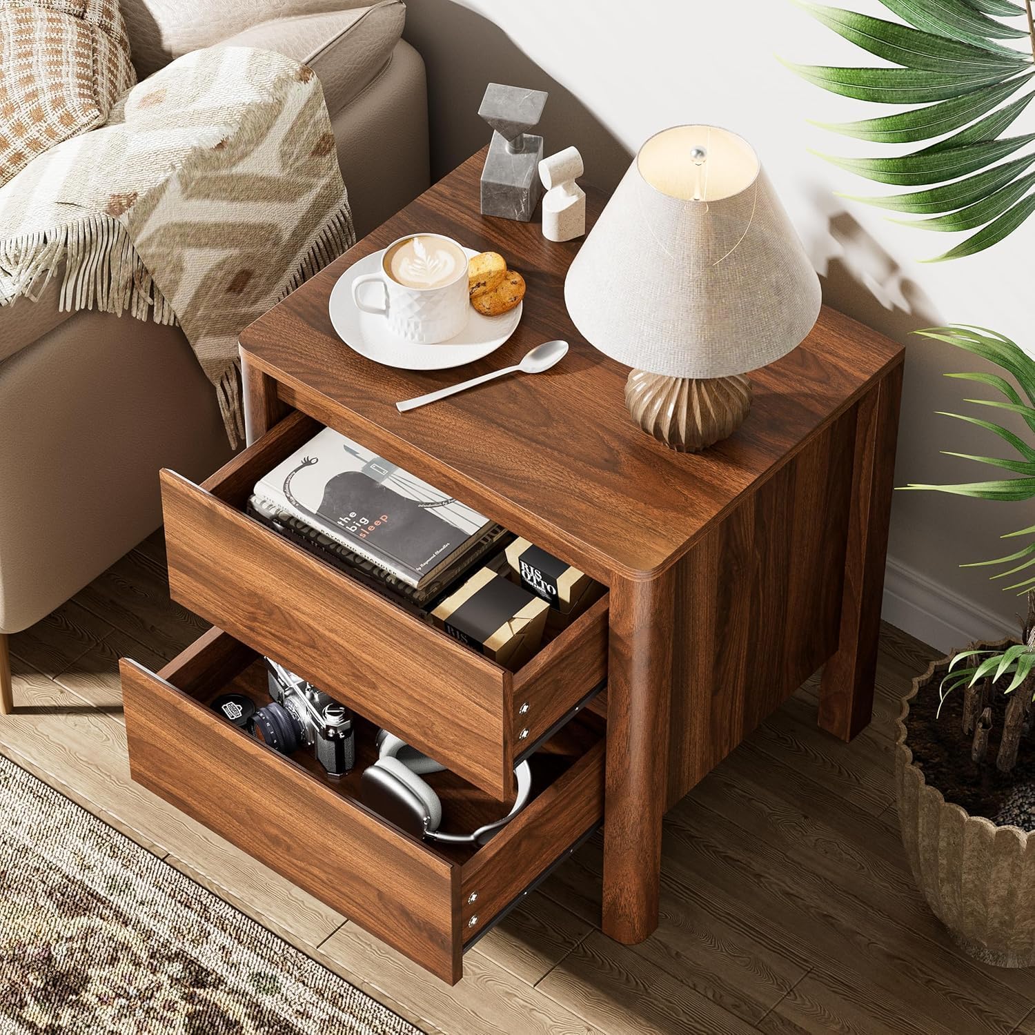 Furniway Walnut Mid-Century Modern 3 Piece Bedroom Furniture Set, 5 Drawer Dresser with Handleless Wood Grain Design and Nightstands Set of 2, Minimalist Storage Dresser for Bedroom