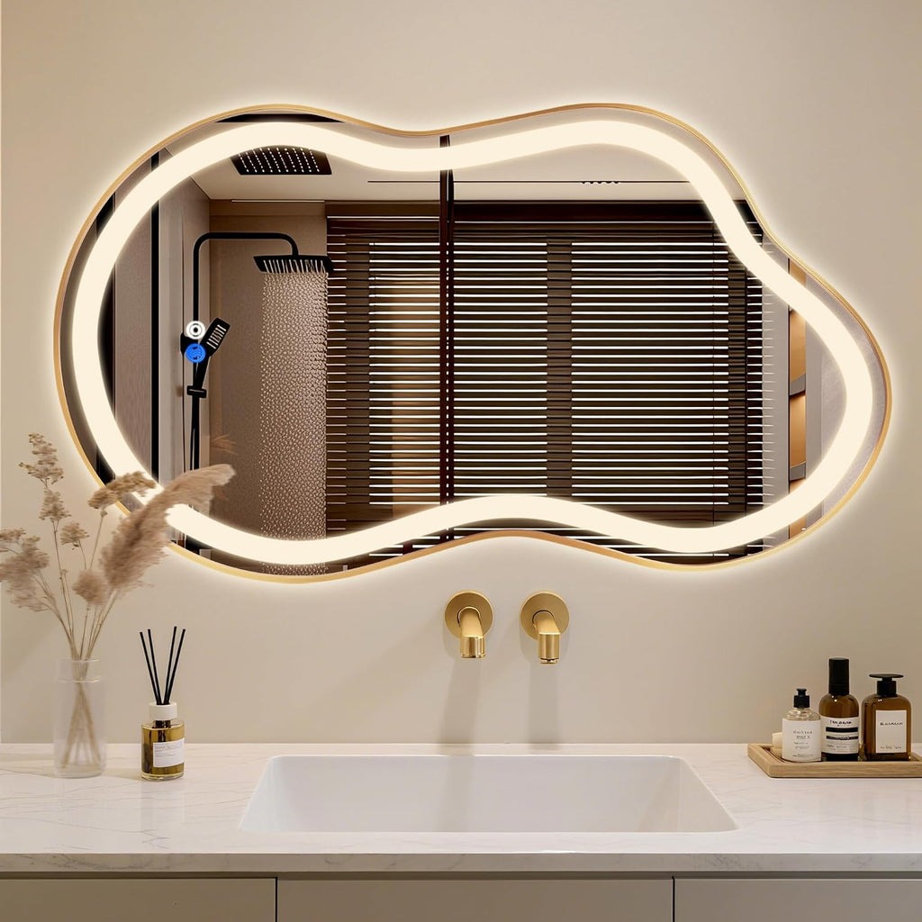 Irregular LED Bathroom Mirror with Lights, Cloud Smart Backlit Mirror, Dimmable Lighted Bathroom Gold Mirror with Anti-Fog, Asymmetrical Vanity Mirror Hangable 2 Ways (Gold, 26 x 46, 1 Pack)