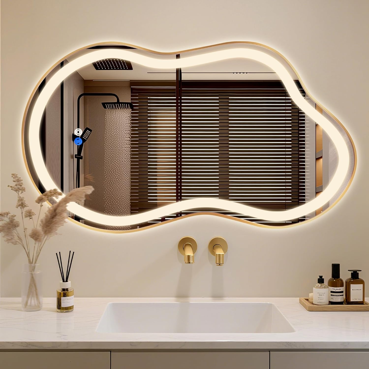 Irregular LED Bathroom Mirror with Lights, Cloud Smart Backlit Mirror, Dimmable Lighted Bathroom Gold Mirror with Anti-Fog, Asymmetrical Vanity Mirror Hangable 2 Ways (Gold, 24 x 36, 1 Pack)