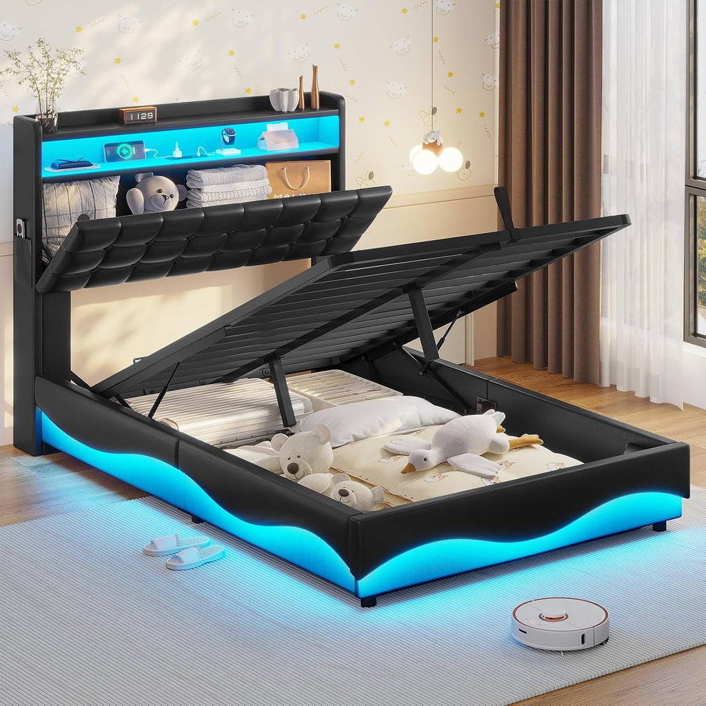 ADORNEVE Lift Up Storage Twin Bed Frame with Type-C Charging Station& Hidden Storage Headboard, LED Lights Upholstered Platform Bed, Twin Bed with Hydraulic, No Box Spring Needed,Black