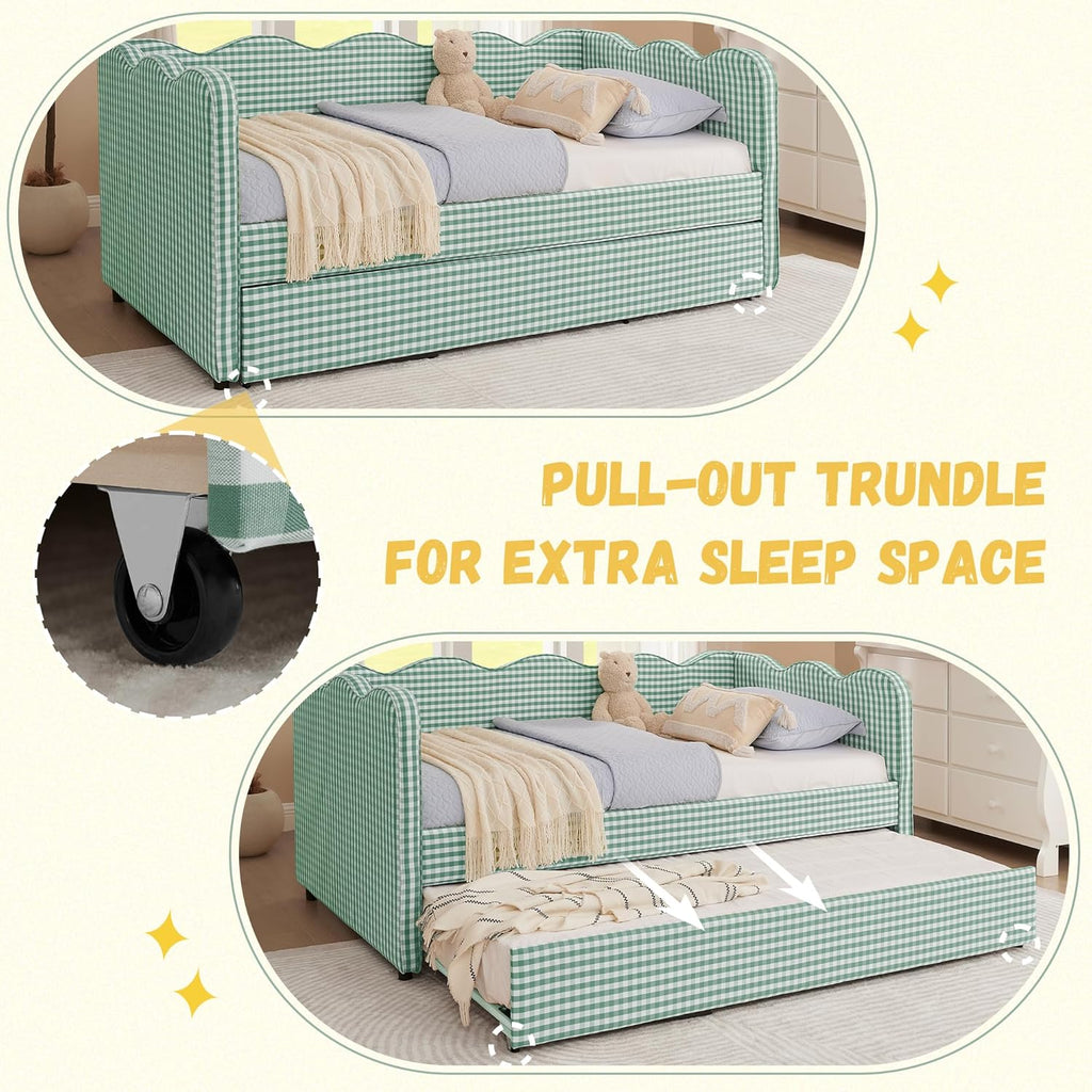 DEINPPA Twin Size Upholstered Daybed with Trundle, Gingham Daybed with USB Ports for Bedroom Living Room Guest Room-Cyan