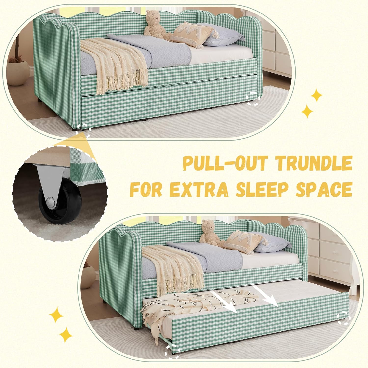 DEINPPA Twin Size Upholstered Daybed with Trundle, Gingham Daybed with USB Ports for Bedroom Living Room Guest Room-Cyan