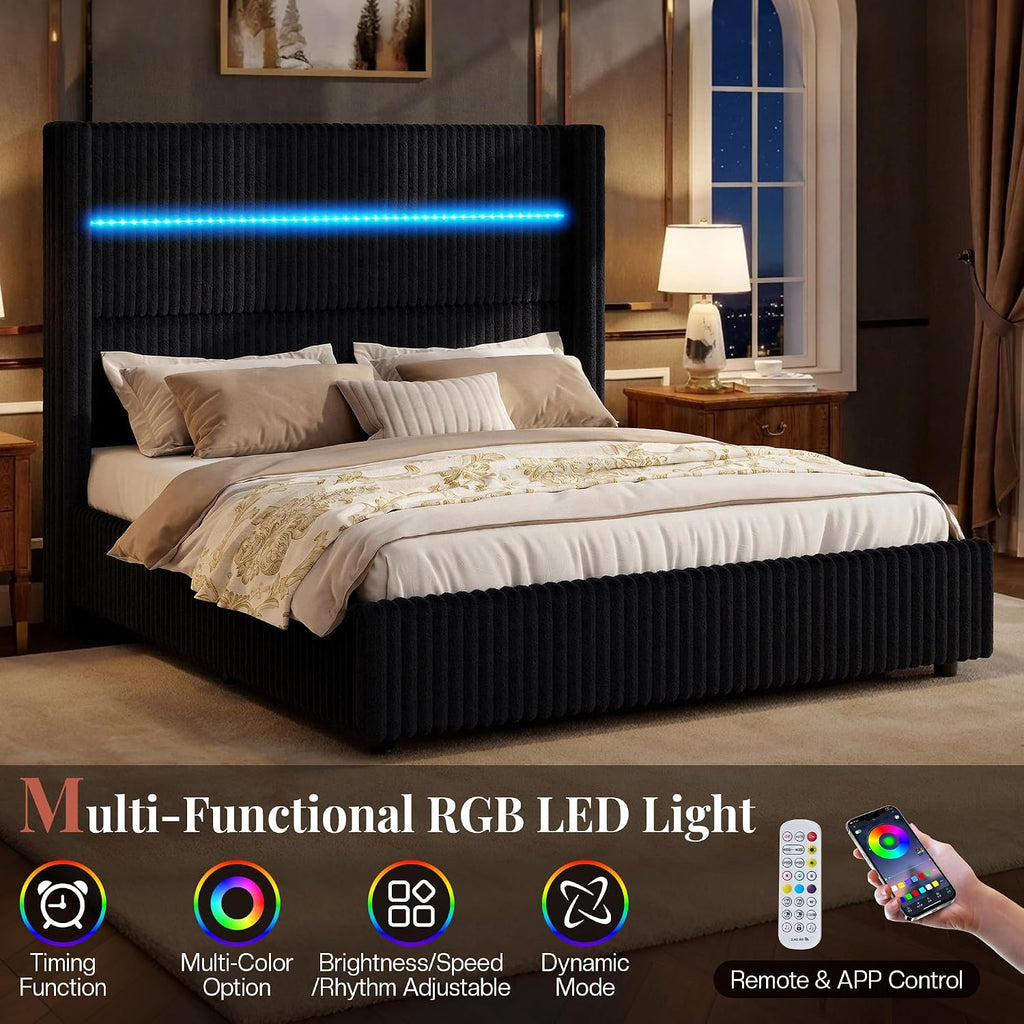 Jocisland Full Size Corduroy Upholstered Bed Frame with 4 Storage Drawers & 51.2' Tall Wingback Headboard, LED Platform Bed with Charging Station, Easy Assembly, No Box Spring Needed, Black