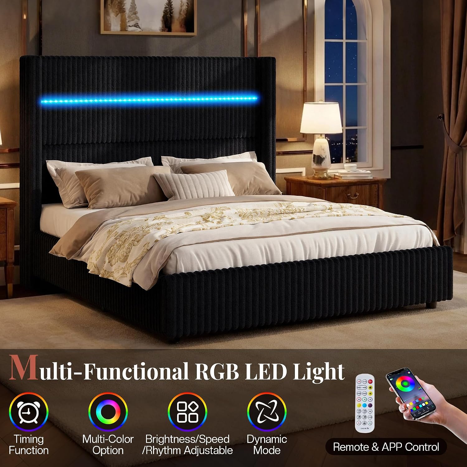 Jocisland Full Size Corduroy Upholstered Bed Frame with 4 Storage Drawers & 51.2' Tall Wingback Headboard, LED Platform Bed with Charging Station, Easy Assembly, No Box Spring Needed, Black
