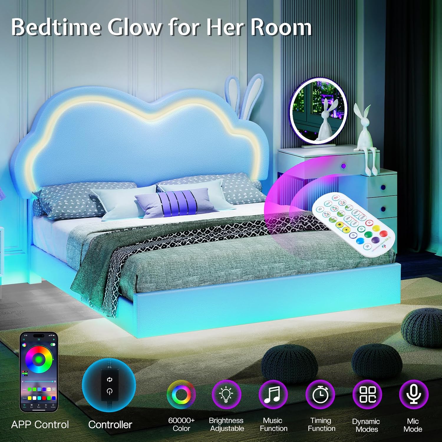 Jocisland Twin Size Floating Bed Frame, Faux Leather Upholstered Platform Bed with LED Lights, Adjustable Cloud Headboard, No Box Spring Needed, Blue | Bunny Ears Design, Multi-Color Lighting, Hidden Bed Legs, Dreamy room vibe, Easy Clean Surface