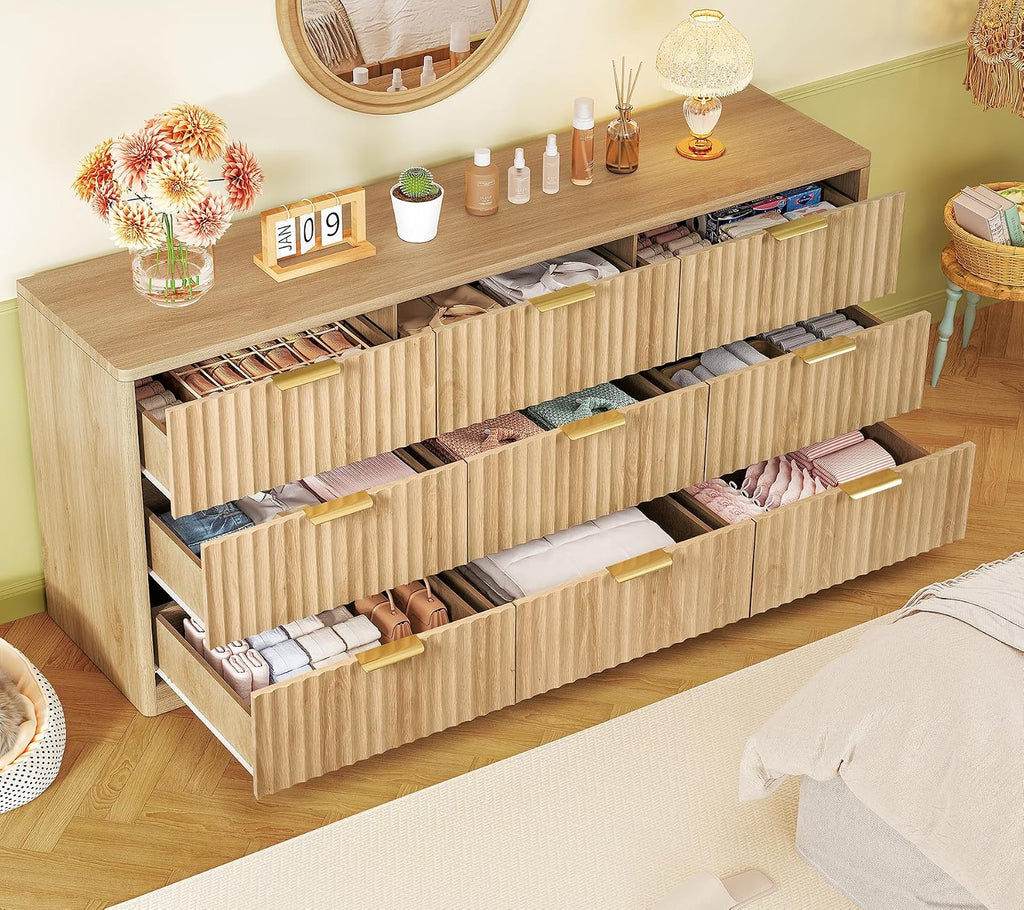 TEENFON 63' Dresser for Bedroom with 9 Drawers, Modern Dressers & Chest of Drawers with Metal Handles, Fluted Dresser, Wood Closet Clothes Storage Organizer for Living Room, Hallway, Natural