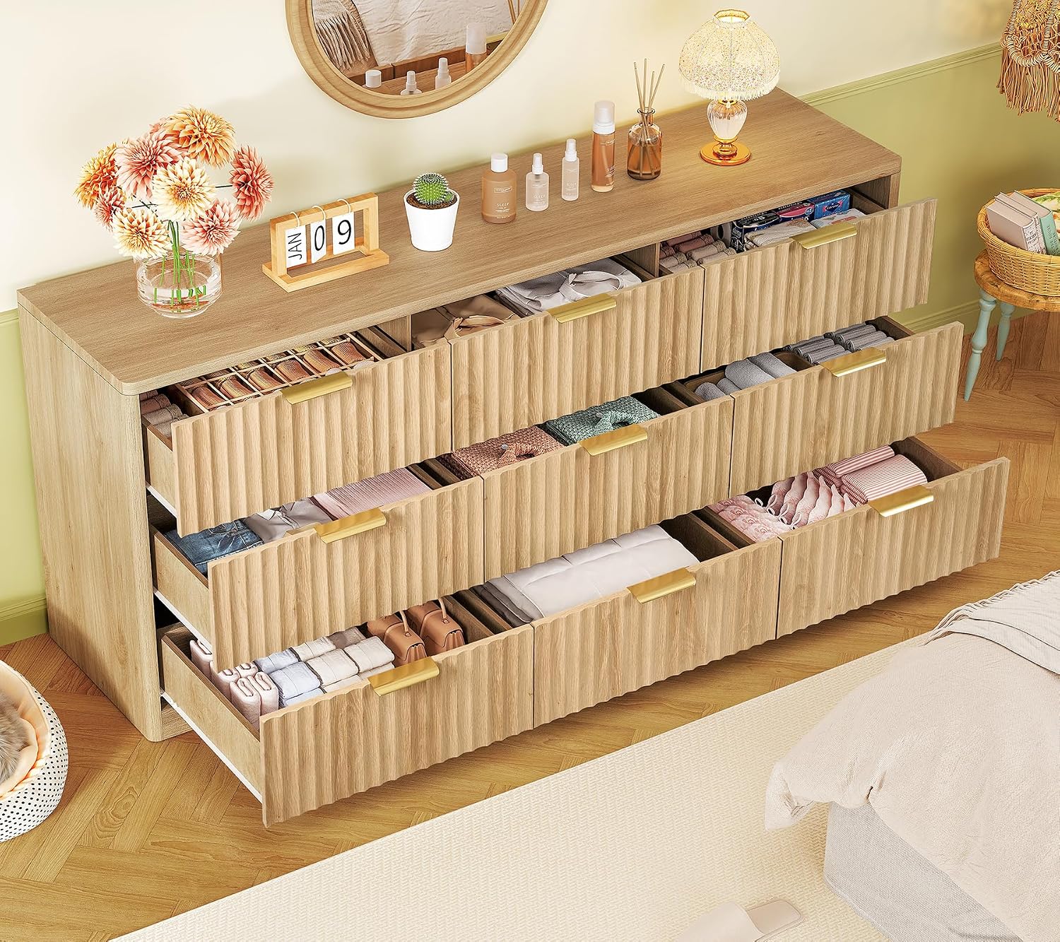 TEENFON 63' Dresser for Bedroom with 9 Drawers, Modern Dressers & Chest of Drawers with Metal Handles, Fluted Dresser, Wood Closet Clothes Storage Organizer for Living Room, Hallway, Natural