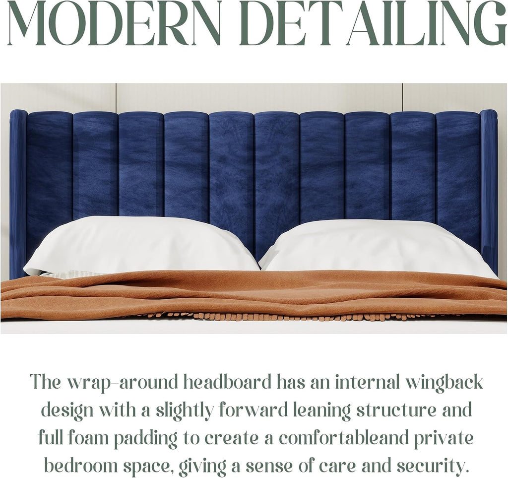 alazyhome Platform Bed Frame Twin Size with Upholstered Headboard, Solid Wood Slats Support, No Box Spring Needed, Noise Free, Easy Assembly, Modern Velvet Bed, Blue