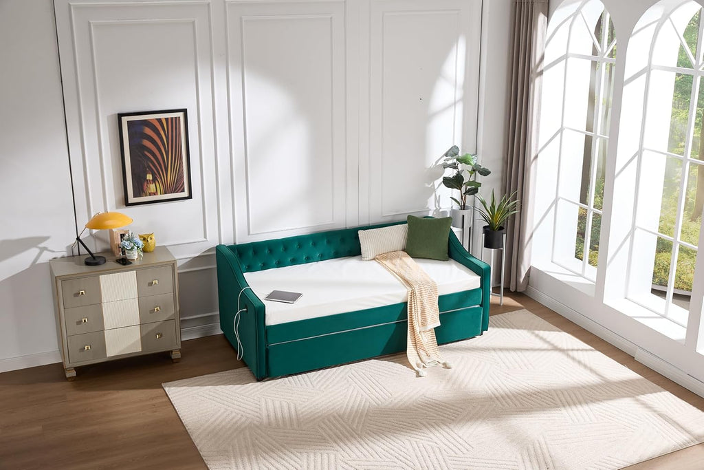 Twin to King Daybed with Trundle, USB Ports Soft Upholstered Daybed with Pop Up Trundle Bed Twin, Modern Extendable Day Bed Frame for Girls Bedroom Living Room Guest Room Small Places Dark Green