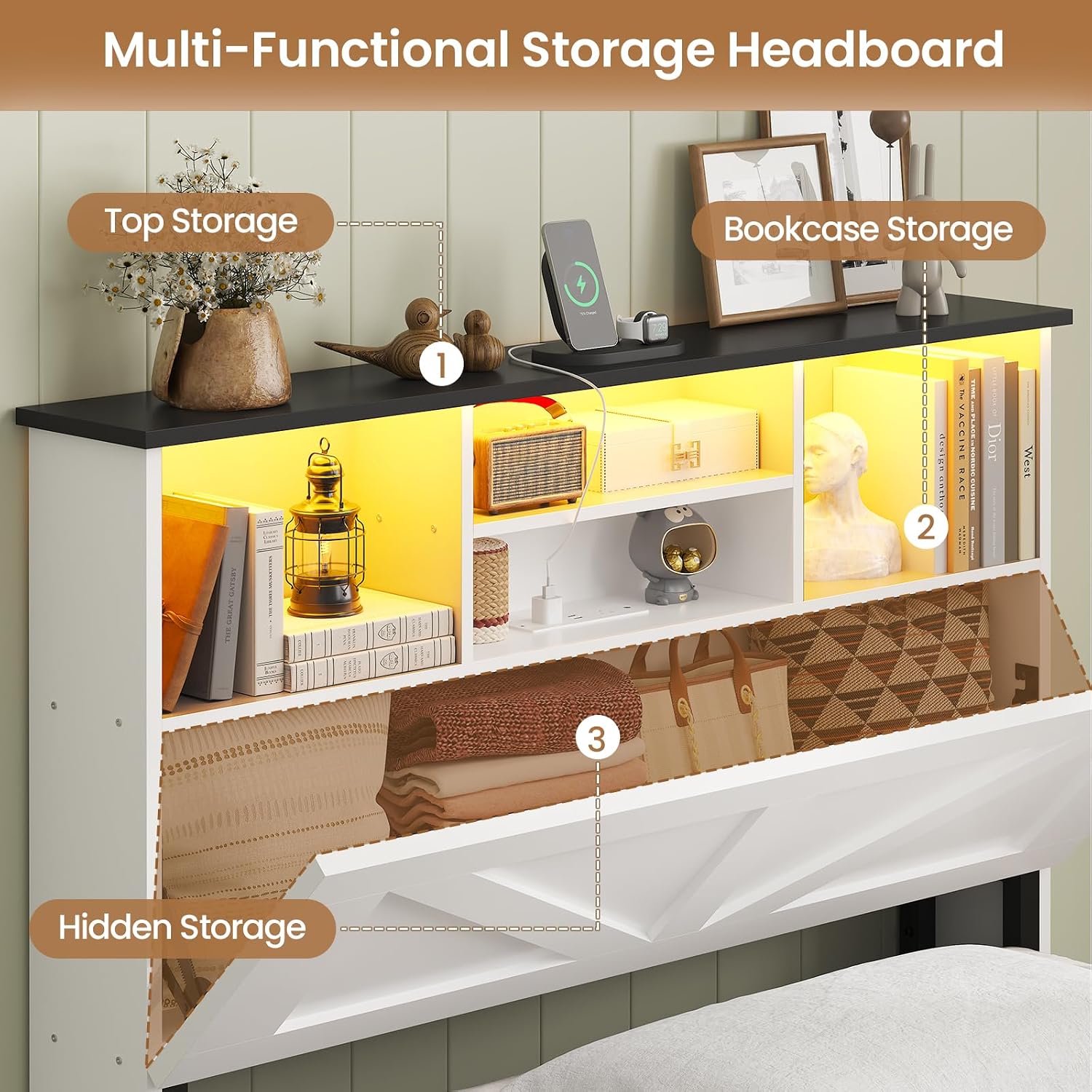 AOGLLATI Twin Bed with Storage Bookcase Headboard and 4 Drawers,Wooden Farmhouse Twin Bed Frame with Charging Station, Led Lights & Metal Slats,White