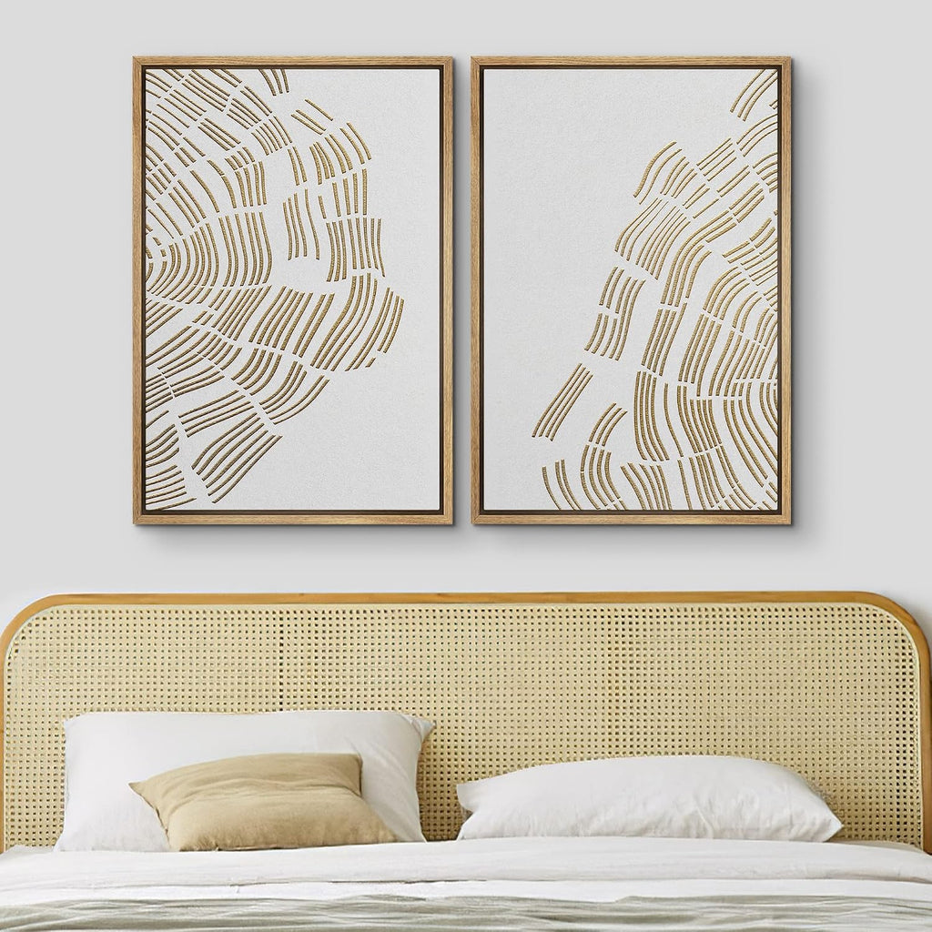 MUDECOR Framed Canvas Print Wall Art Set Gold White Forest Tree Wood Rings Abstract Nature Illustrations Modern Art Decorative Contemporary Chic for Living Room, Bedroom, Office - 24'x36'x2 Natural