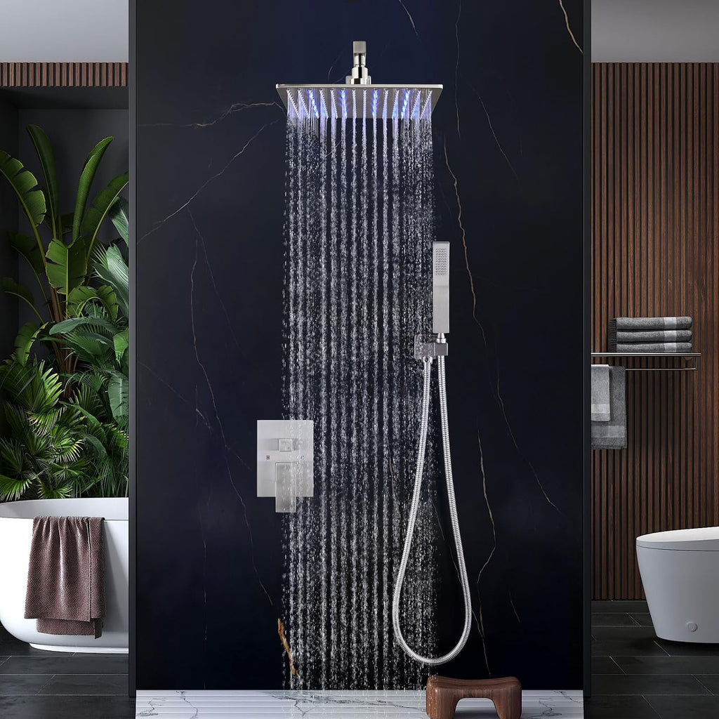 Aolemi Shower Faucet Set with Handheld Spray High Pressure Shower System Shower Faucets Sets Complete Rough-in Valve and Shower Trim Kit Wall Mount Rainfall 16 Inch LED Shower Head Brushed Nickel