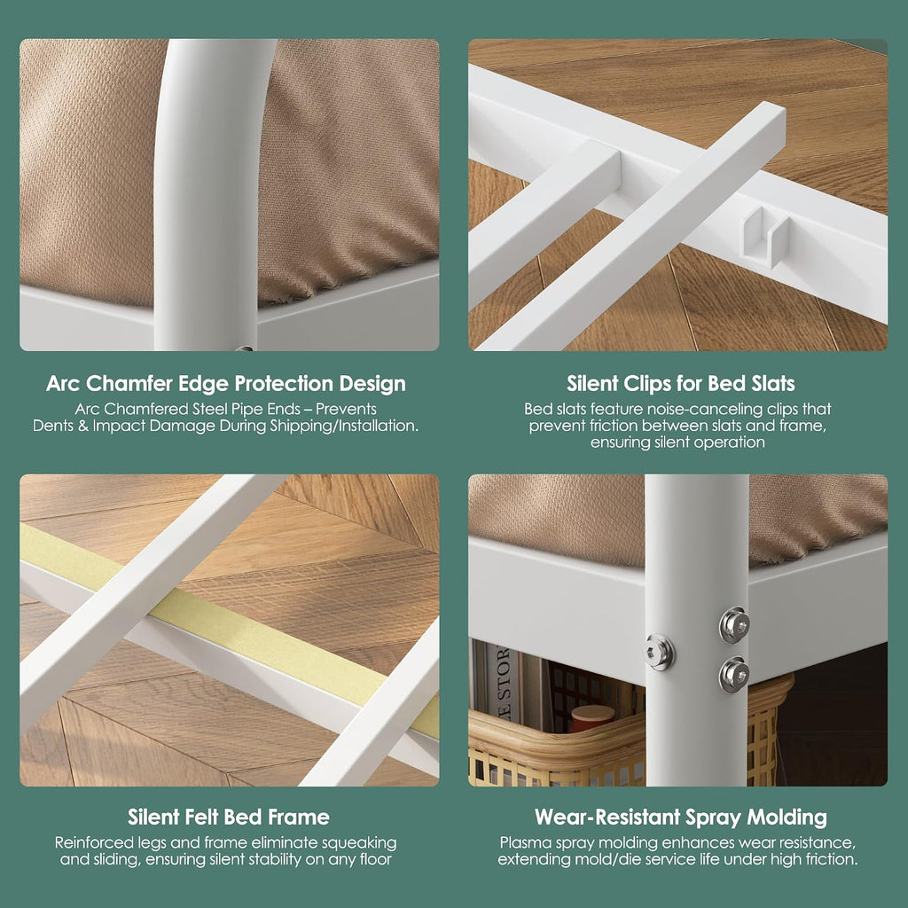 Bunk Beds Twin XL Over Queen, Heavy Duty Bunk Beds with Bottom Space & Guardrail Metal Bunk Bed Frame for Adults Teens Dorm Bedroom Guest Room, No Box Spring Needed（White）
