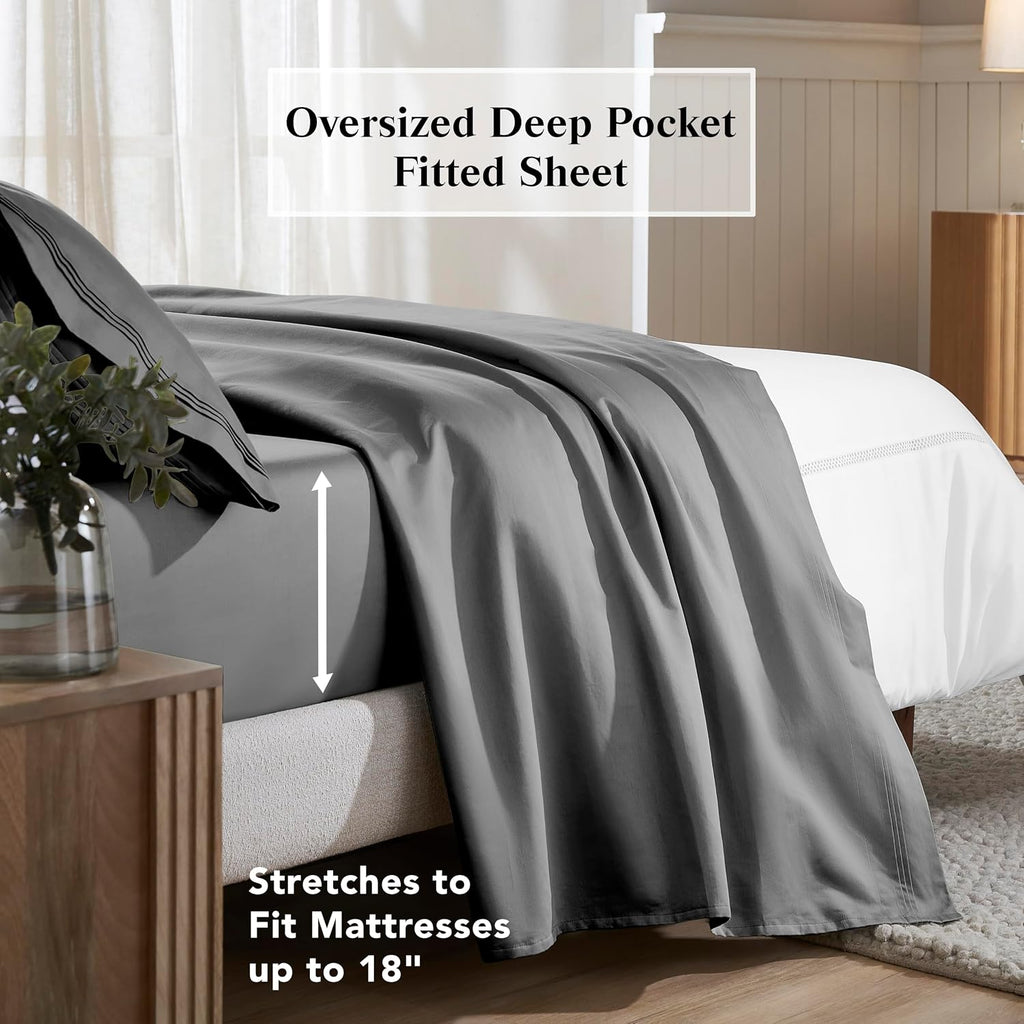 Superior Egyptian Cotton 4 Piece Sheet Set, 650 Thread Count, Modern Design, Sustainable Sheets, Ultra-Soft Basics, Solid, Deep Pocket Fitted Sheet, Flat Sheet, Pillowcases, King, Grey