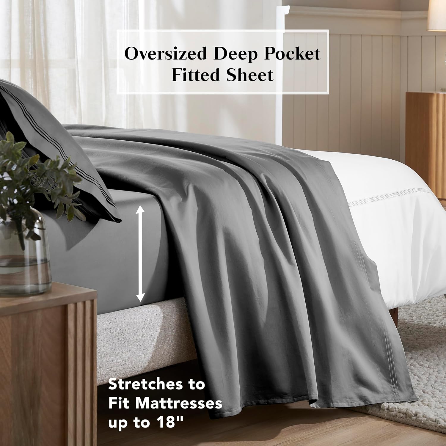 Superior Egyptian Cotton 4 Piece Sheet Set, 650 Thread Count, Modern Design, Sustainable Sheets, Ultra-Soft Basics, Solid, Deep Pocket Fitted Sheet, Flat Sheet, Pillowcases, King, Grey