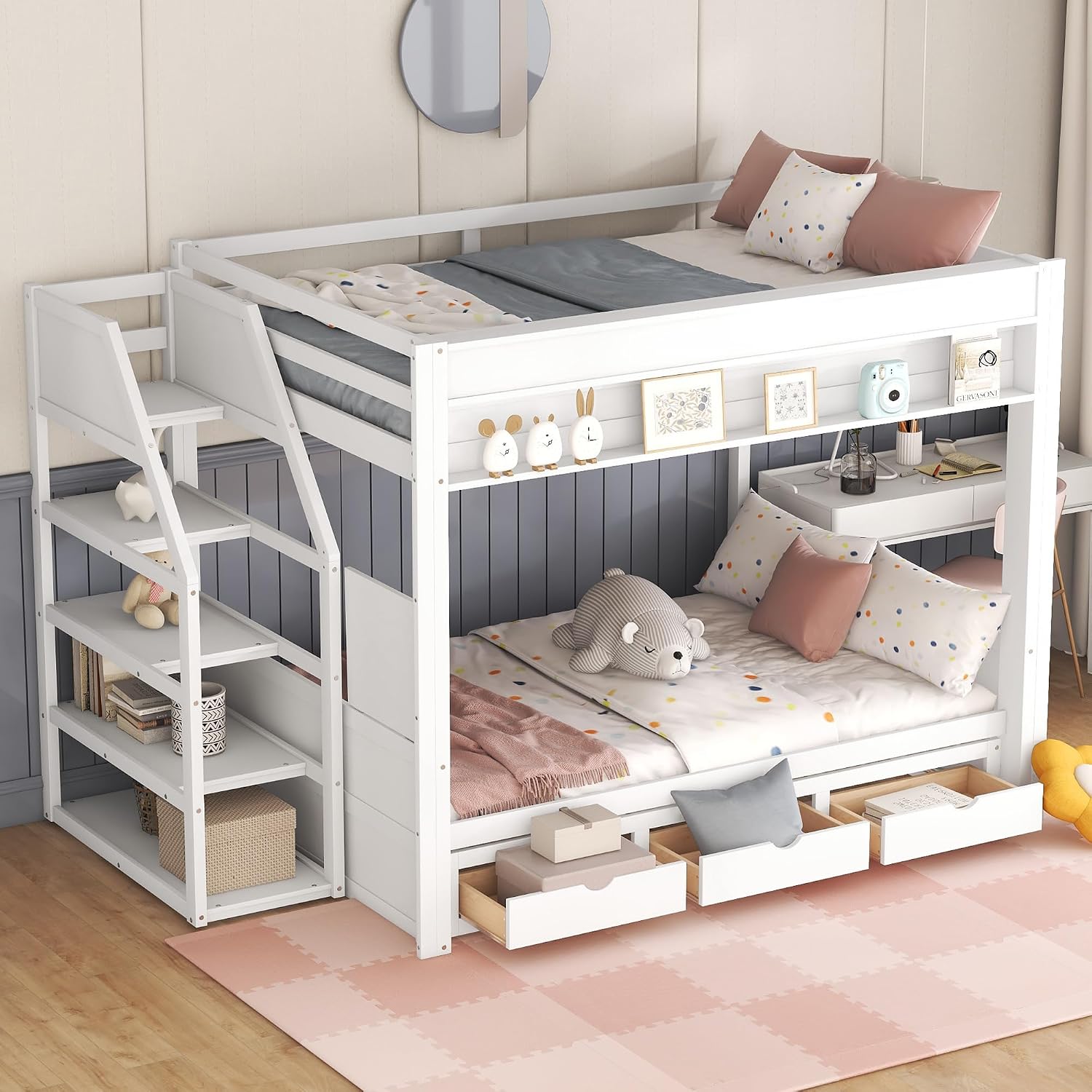 Harper & Bright Designs Full Over Full Bunk Bed with Storage Staircase and Bedside Table for 2, Wood Bunk Bed Frame with Drawers for Saving Space, White