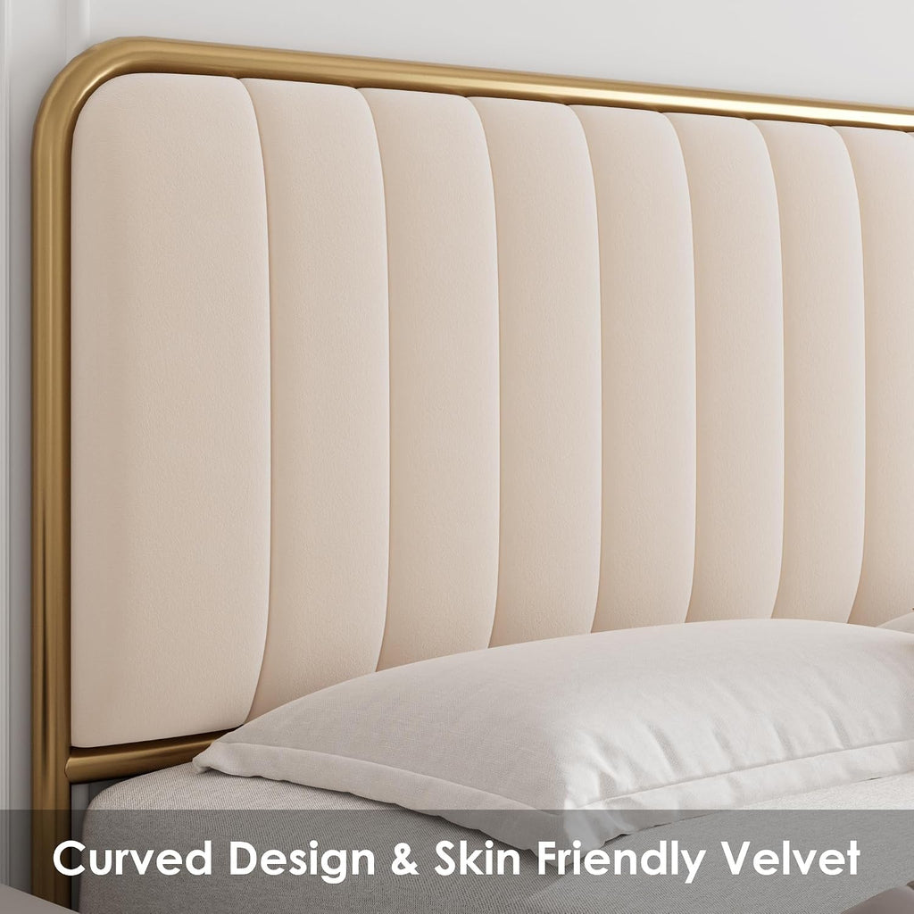 HITHOS Upholstered Full Size Bed Frame with 4 Storage Drawers and Headboard, Heavy Duty Metal Mattress Foundation with Wooden Slats, Easy Assembly, No Box Spring Needed (Golden/Off White, Full)