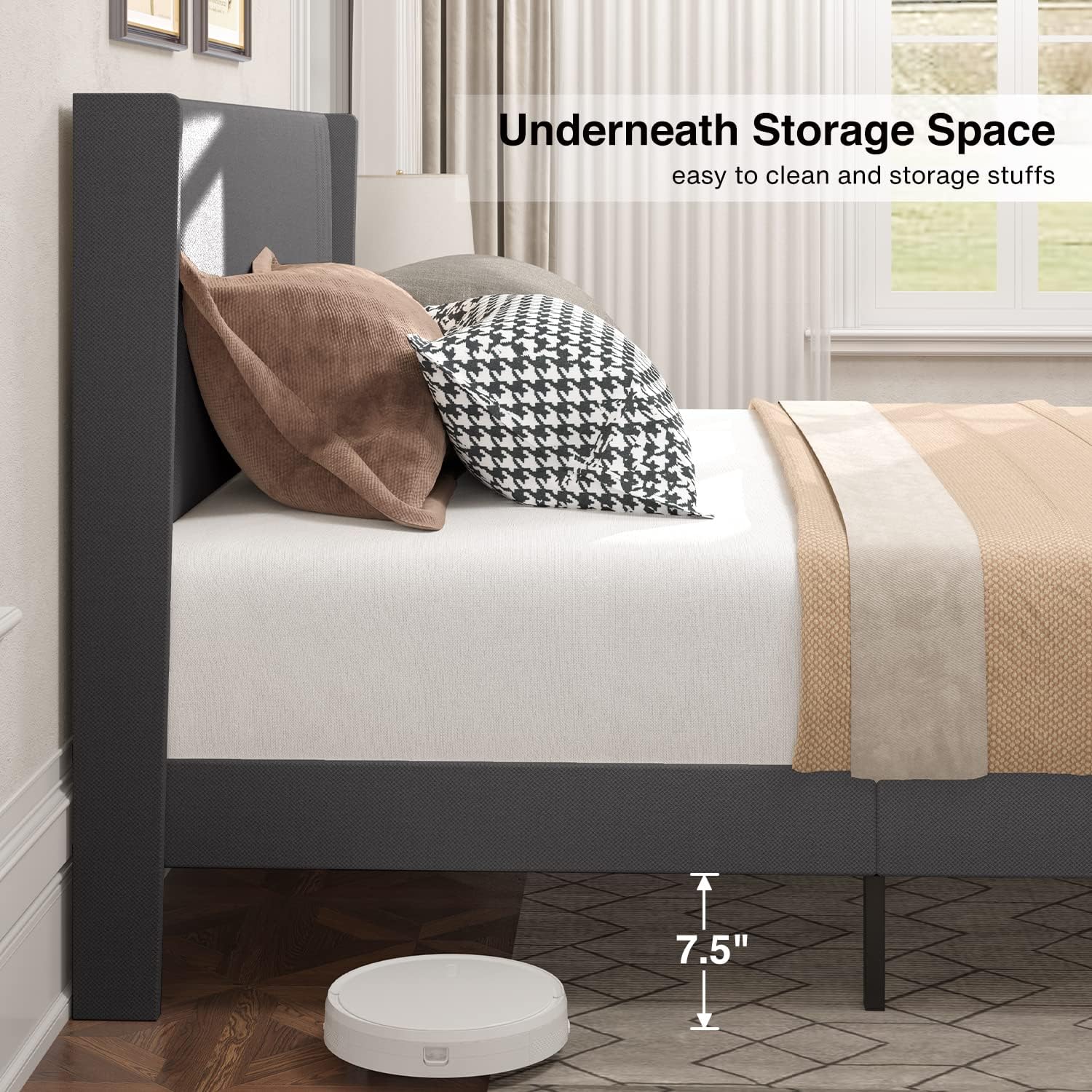 Gizoon Queen Bed Frame with Wingback Headboard, Upholstered Platform Bed with Modern Geometric Headboard, Wooden Slats, Noise-Free, No Box Spring Needed