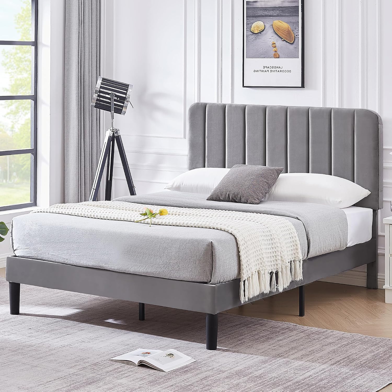 VECELO Full Size Upholstered Bed Frame with Adjustable Headboard, Velvet Platform Bedframe Mattress Foundation, Strong Wood Slat Support, No Box Spring Needed, Charcoal Grey