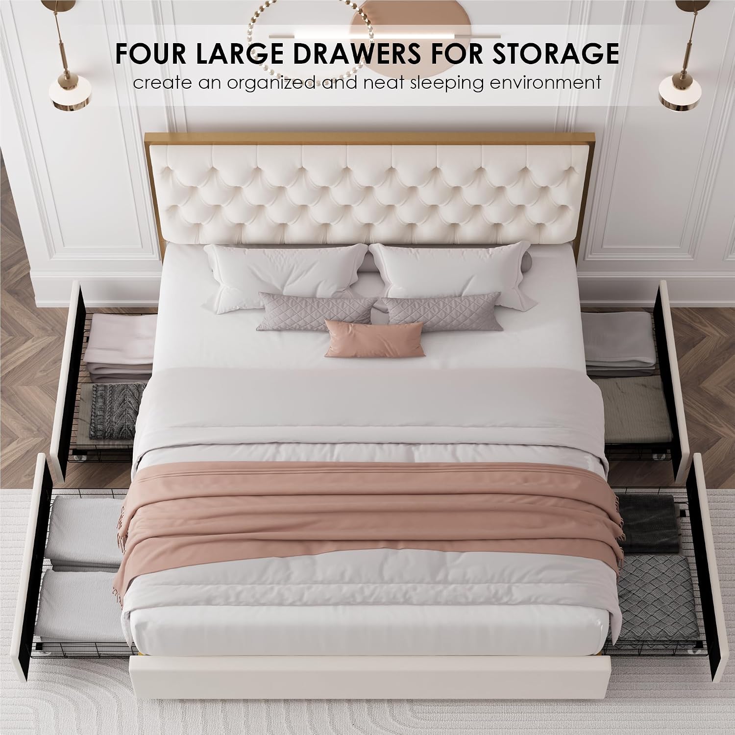 HIFIT King Upholstered Bed Frame with 4 Storage Drawers and Handmade Button Tufted Headboard, Modern Velvet King Size Platform Storage Bed with Solid Wooden Slat, No Box Spring Needed, Golden & Beige
