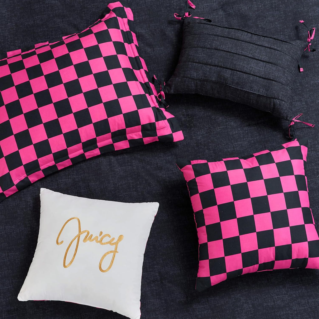 Juicy Couture Reversible Checkerboard Comforter Set 5-Piece Twin/Twin XL Set, Black/Hot Pink