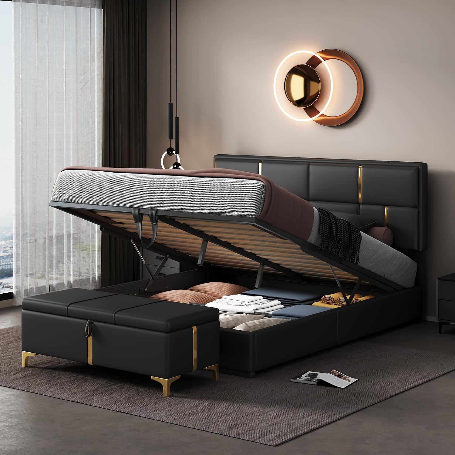 Upholstered Bedroom Furniture Set with Ottoman, Queen Upholstered Platform Bed with Hydraulic Storage System and Storage Ottoman, 2 Piece Bedroom Furniture Set Queen Size, Black