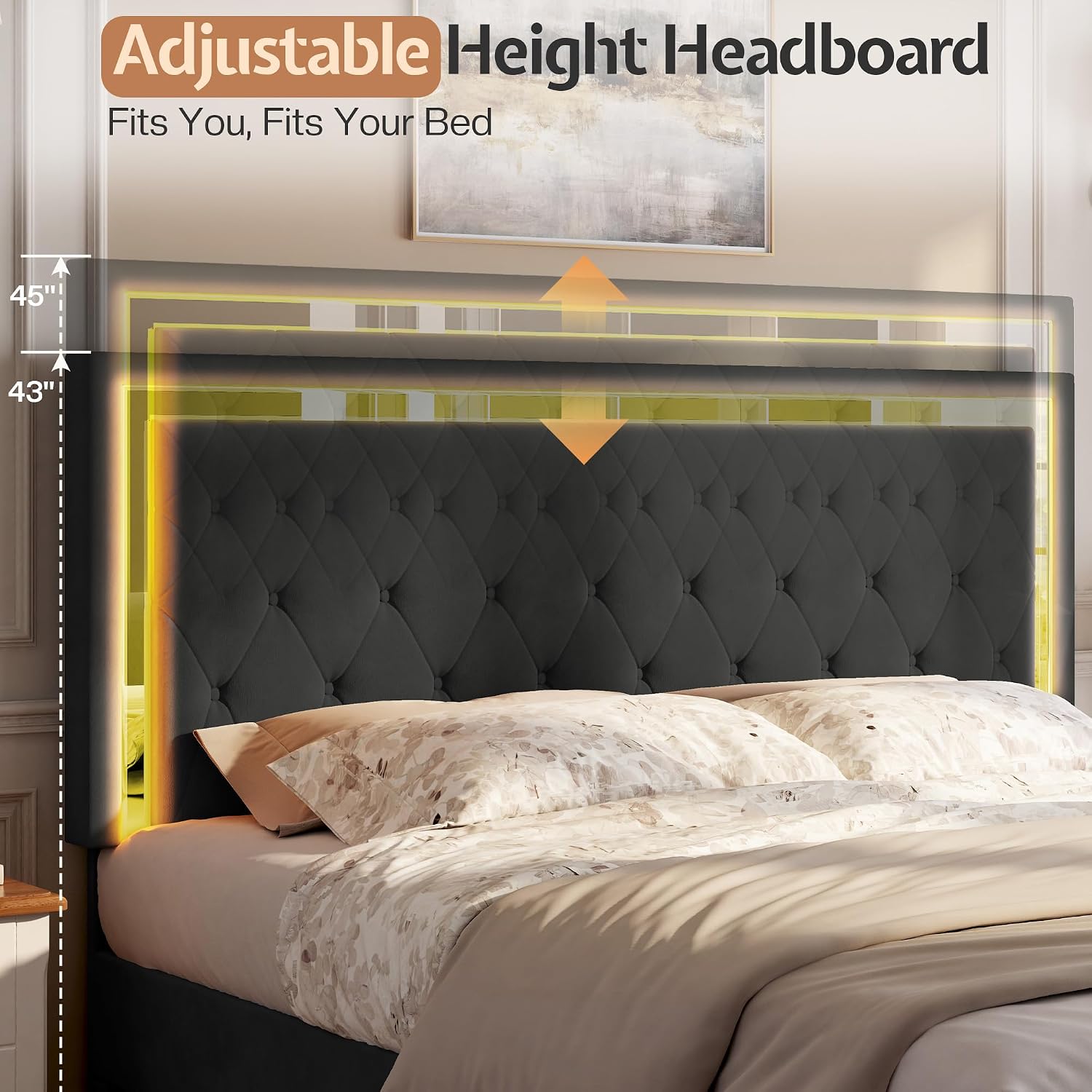 Jocisland Full Bed Frame with LED Lights Headboard&Footboard, Velvet Upholstered Full Size Platform Bed Frame No Box Spring Needed/Black