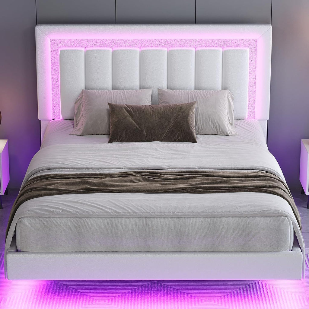 HOMBCK Floating Bed Frame Full with Smart LED Lights, Faux Leather Upholstered Platform Bed with Diamond PU Headboard, No Box Spring Needed, Noise-Free, Easy Assembly, White