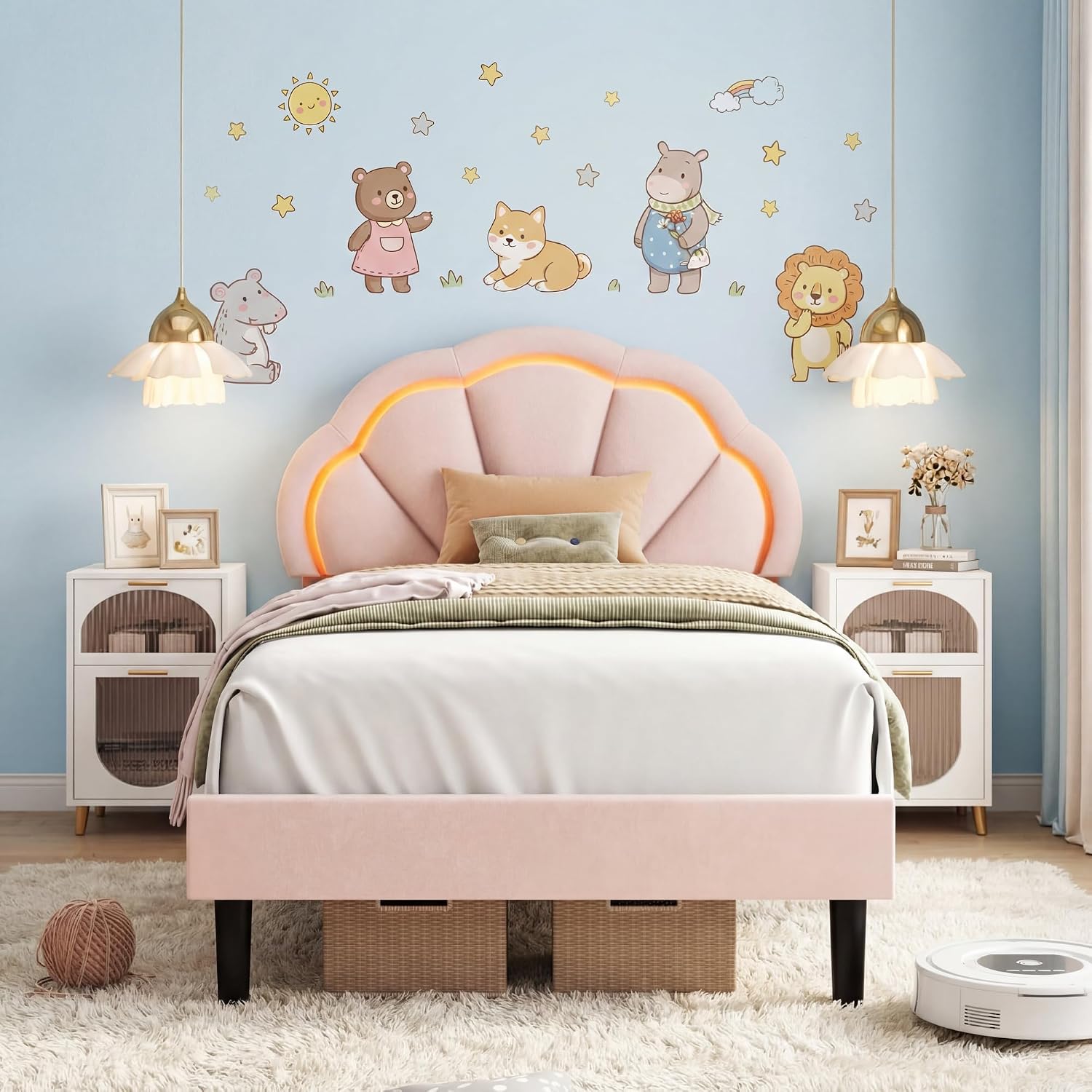 HIFIT Twin Upholstered Smart LED Bed Frame with Adjustable Chic Petal Headboard, Princess Twin Size Platform Bed Frames for Kids/Girls, Wooden Slat Support, No Box Spring Needed, Easy Assembly, Pink