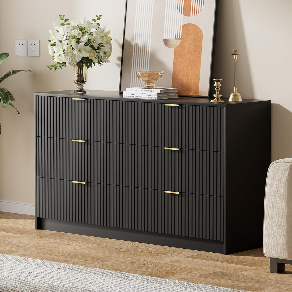 Furniway Black Dresser for Bedroom, Modern Dresser with 6 Drawers and Smooth Slides, Wide Chest of Drawers with Golden Handles for Bedroom, Living Room, Closet, 15.7' D x 55.1' W x 31.4' H