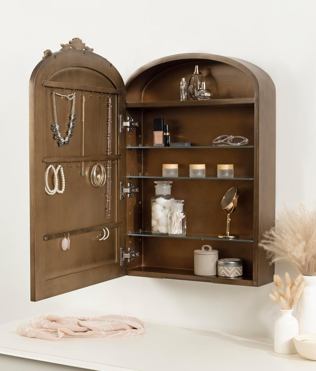 Kate and Laurel Arendahl Vintage Arched Jewelry Cabinet with MIrror, 20 x 6 x 30, Gold, Mirrored Arch Wall Cabinet for Bathroom Storage or Bedroom Jewelry Station with Soft-Close Hinges