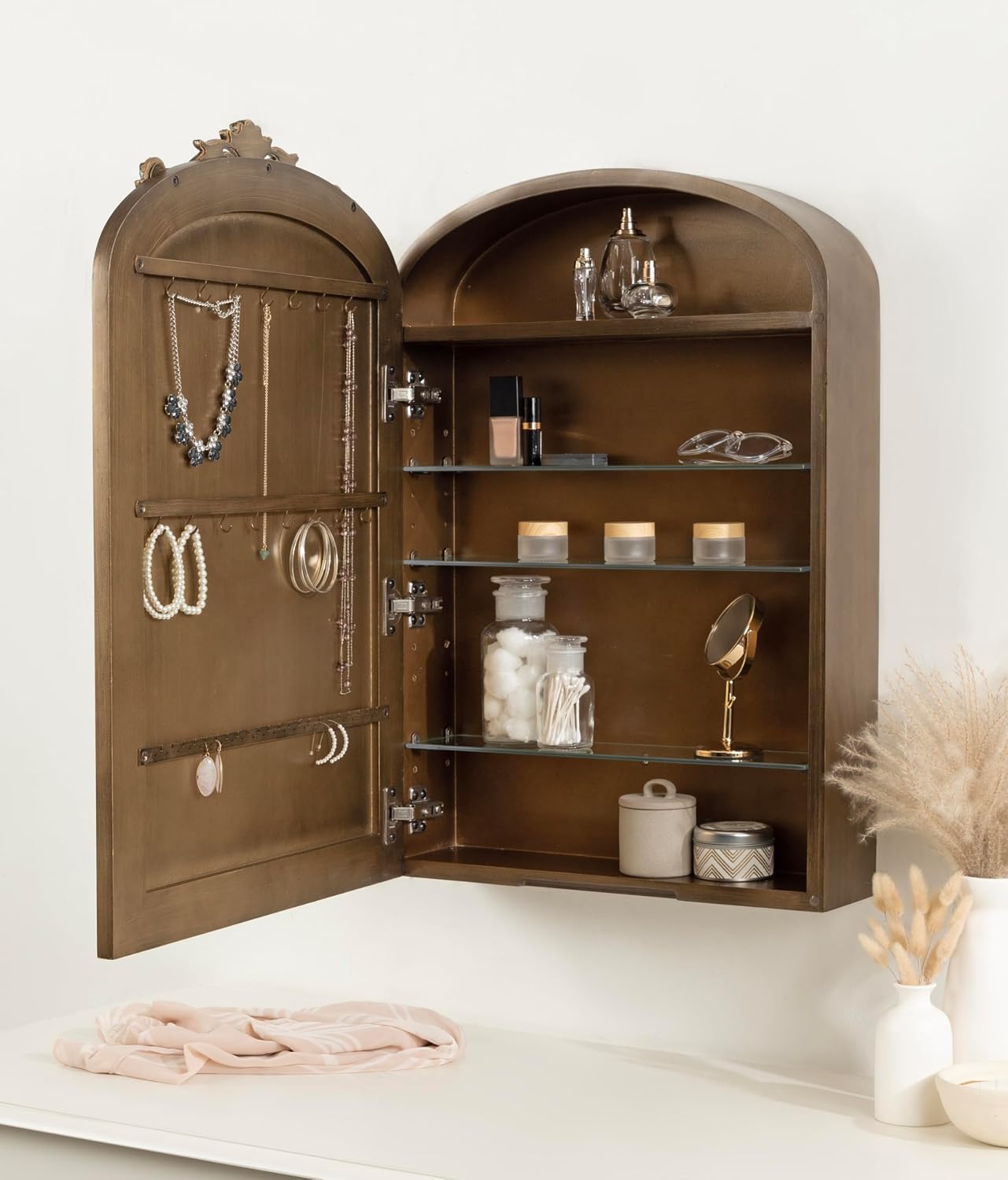 Kate and Laurel Arendahl Vintage Arched Jewelry Cabinet with MIrror, 20 x 6 x 30, Gold, Mirrored Arch Wall Cabinet for Bathroom Storage or Bedroom Jewelry Station with Soft-Close Hinges