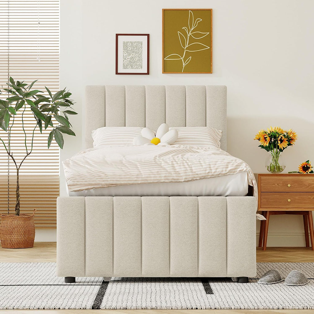 Merax Twin Size Upholstered Platform Bed with Trundle and 3 Storage Drawers, Twin Bed Frame & Tall Stripe Headboard for Bedroom, Solid Wood Slats Support, No Box Spring Needed, Easy Assembly, Beige